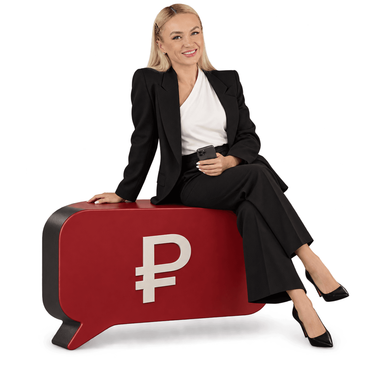 Анна Учеватова со смартфоном на красном блоке со знаком рубля.
